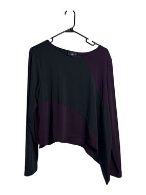Lisa Bayne Purple Black Color Block Asymmetrical Hem Long Sleeve Shirt Large